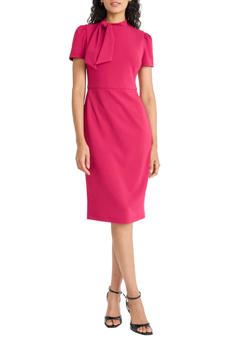 Tie Neck Puff Sleeve Scuba Crepe Dress, Main, color, SANGRIA