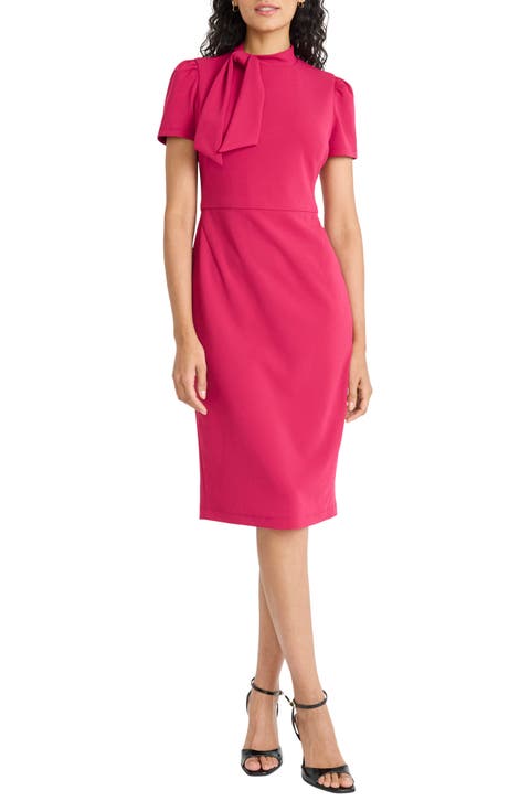 Tie Neck Puff Sleeve Scuba Crepe Dress