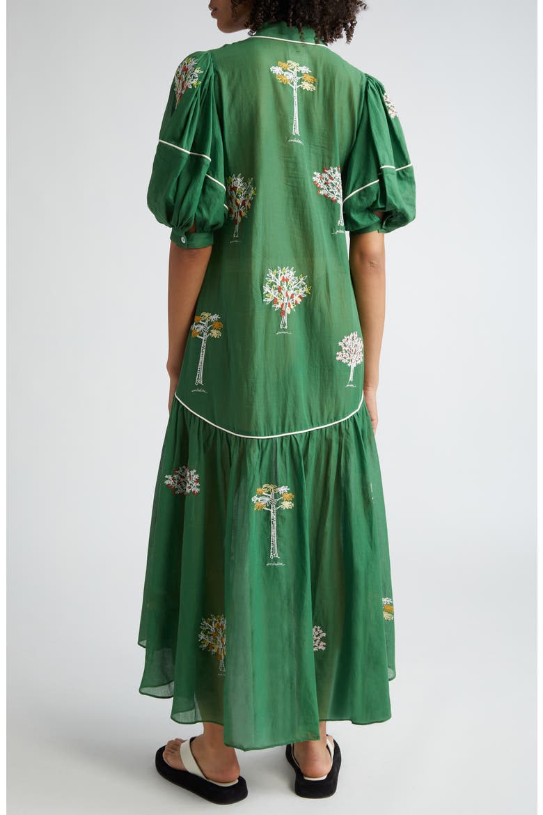 Embroidered Trees Puff Sleeve Organic Cotton Midi Dress, Alternate, color, GREEN