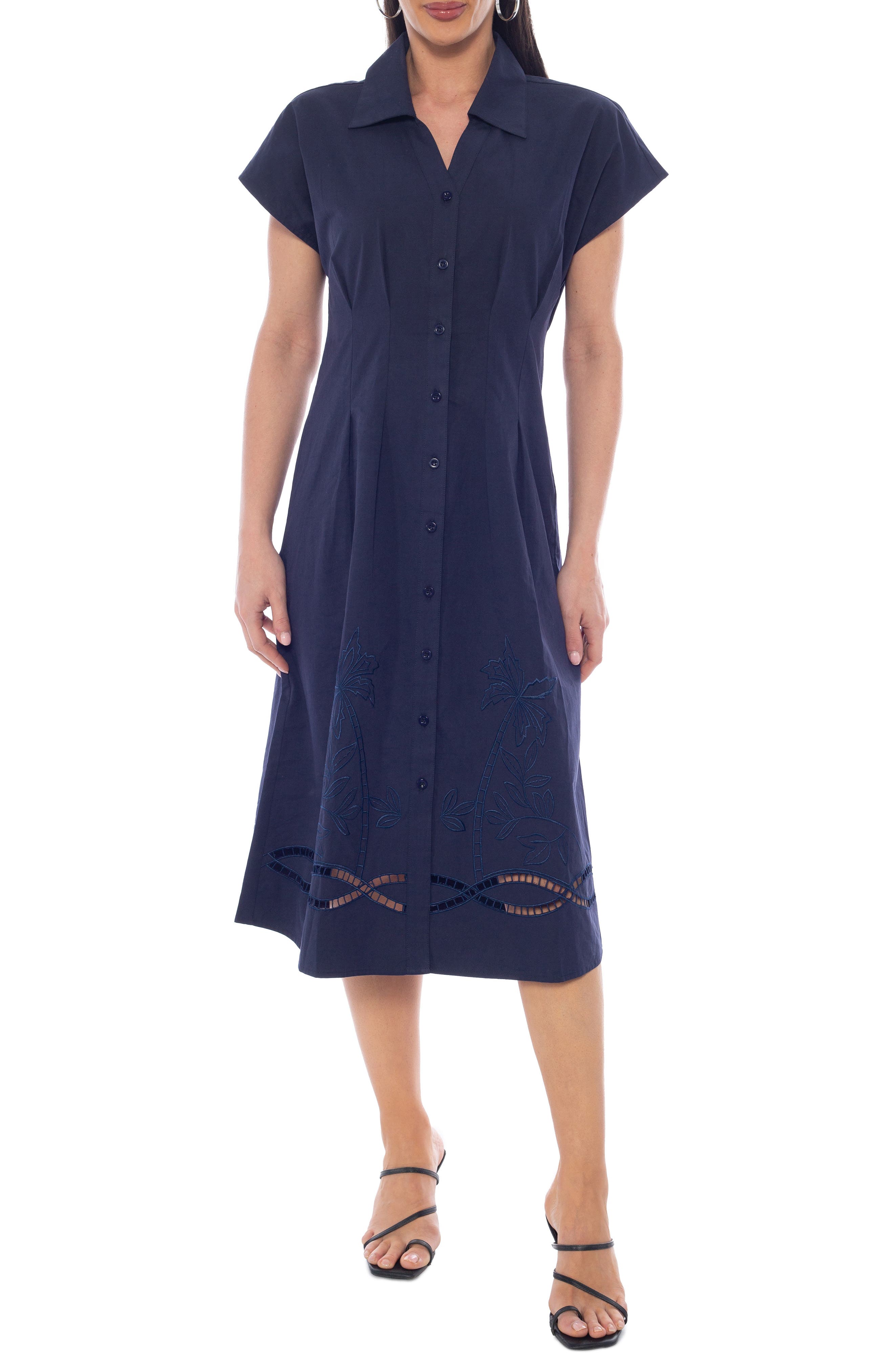 TASH AND SOPHIE Embroidered Short Sleeve Midi Shirtdress