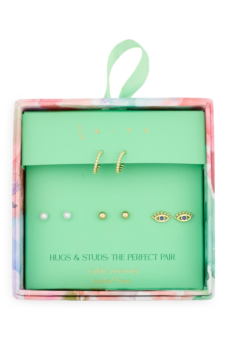 Set of 4 Assorted Stud & Hoop Earrings, Main, color, BLUE MULTI- GOLD