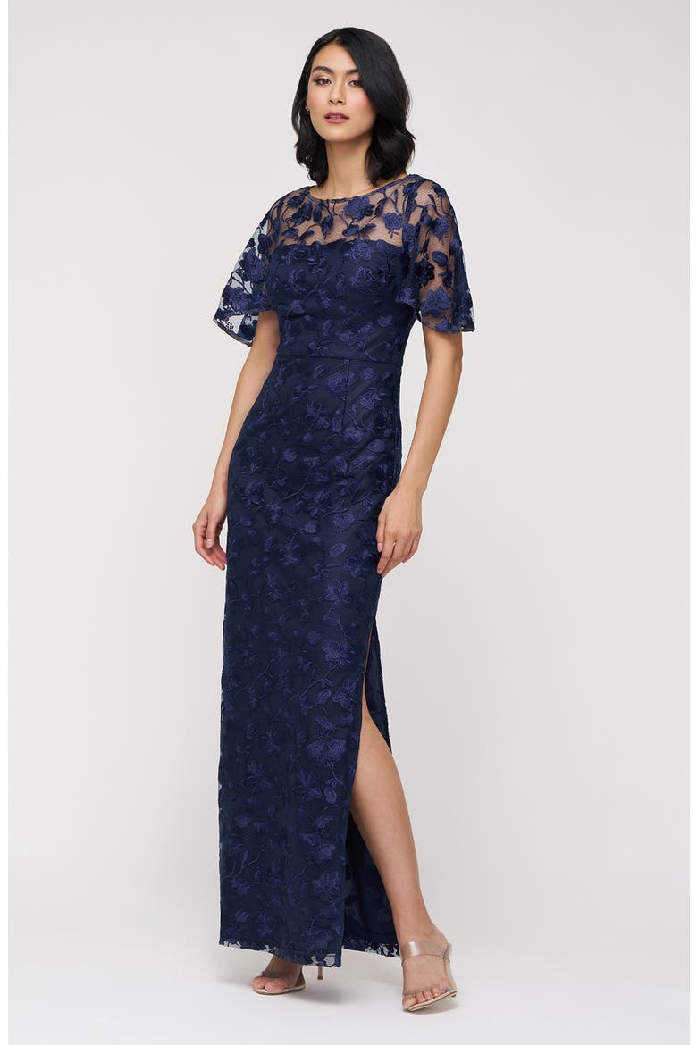 Brooke Floral Embroidered Column Gown, Alternate, color, NAVY