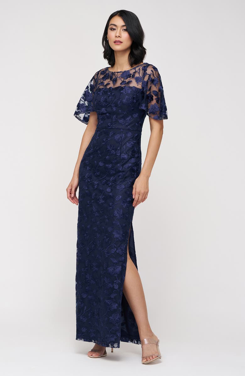 JS Collections Brooke Floral Embroidered Column Gown, Alternate, color, Navy