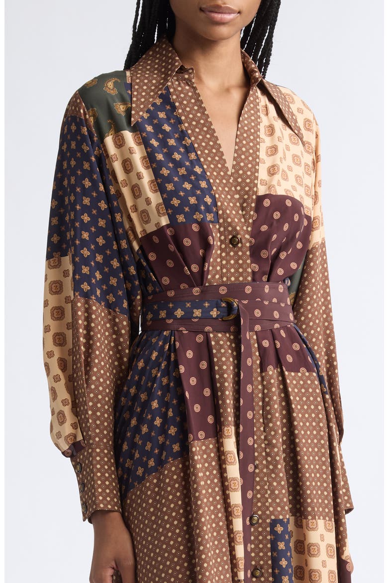 Patchwork Foulard Print Long Sleeve Midi Dress, Alternate, color, GEO PATCH PRINT