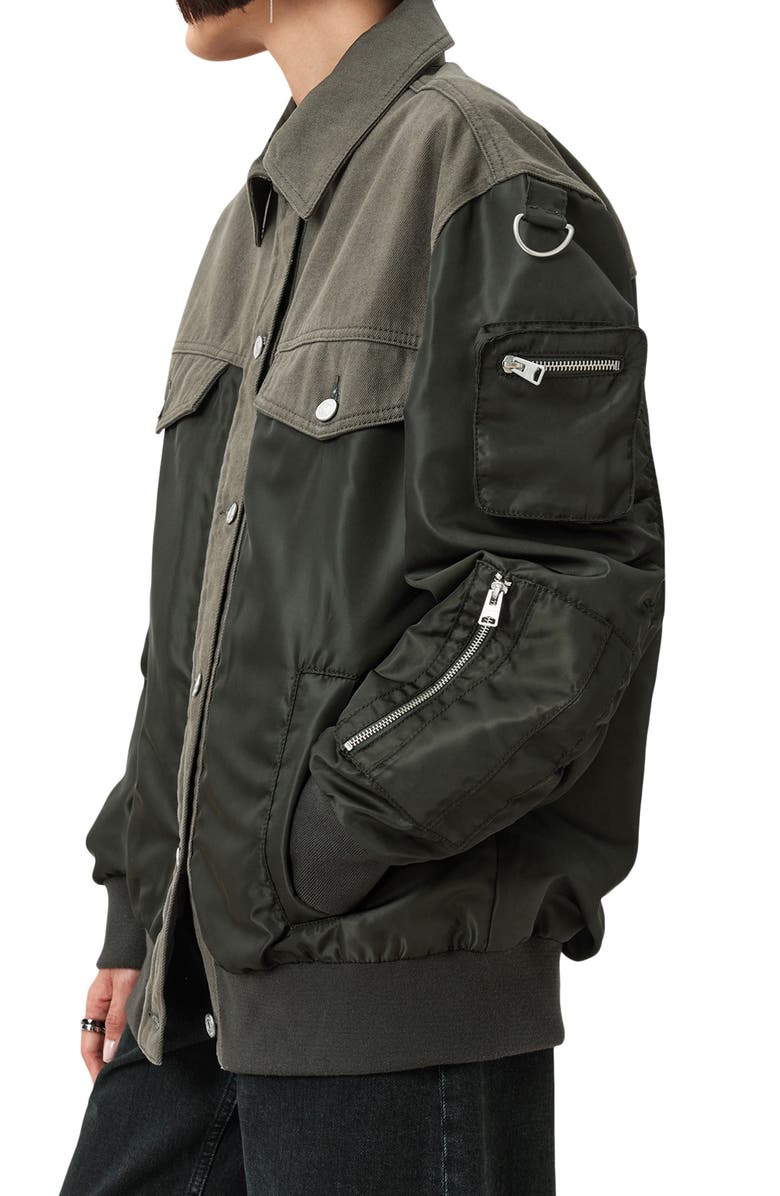 AllSaints Verity Mixed Media Bomber Jacket, Alternate, color, Khaki Green