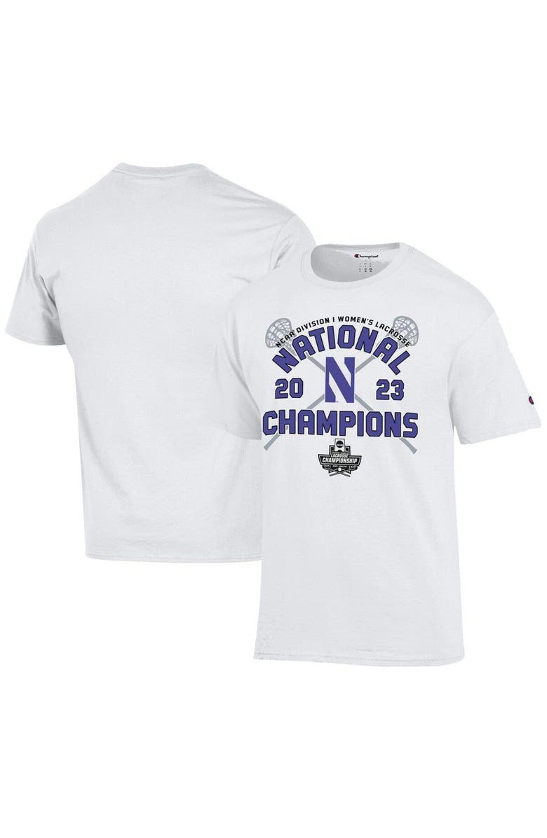 Champion White Northwestern Wildcats 2023 NCAA Women's Lacrosse National Champions Locker Room T-Shirt, Main, color, 