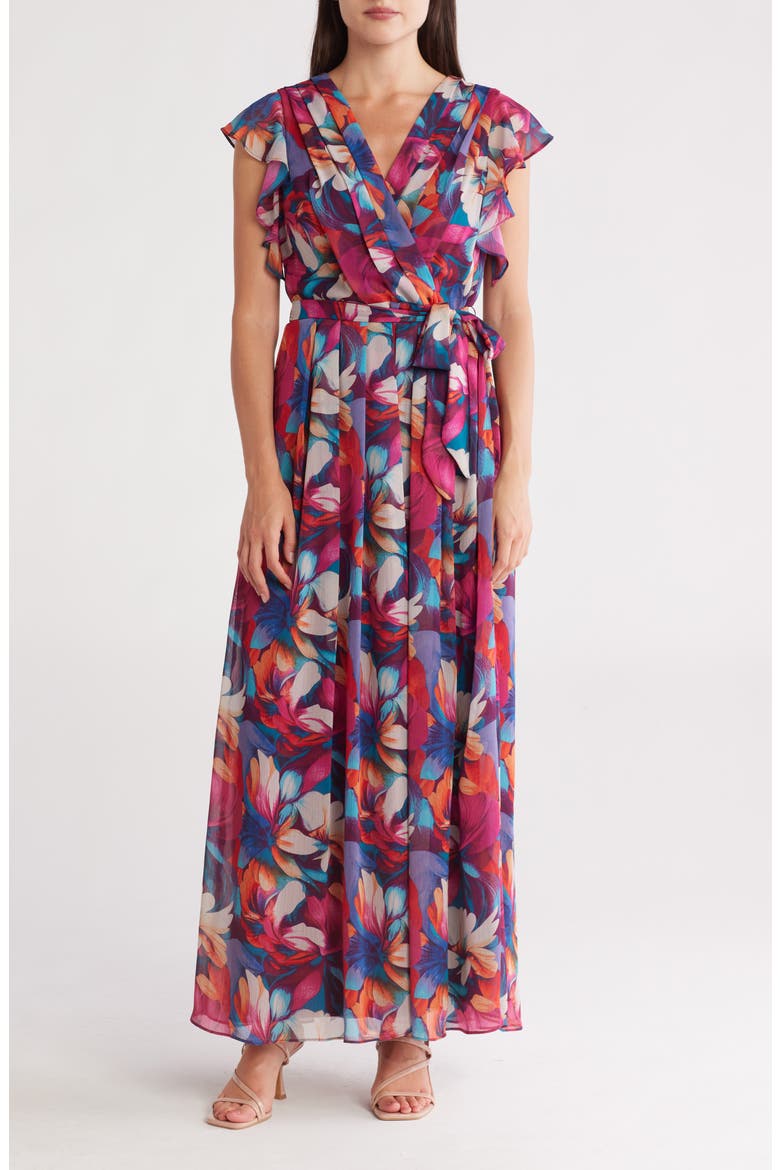 Floral Flutter Sleeve Pleated Maxi Dress, Main, color, FUCHSIA MULTI