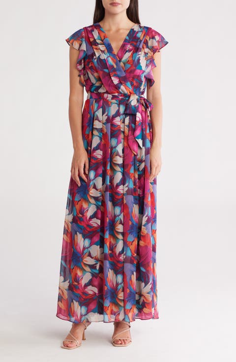 Floral Flutter Sleeve Pleated Maxi Dress