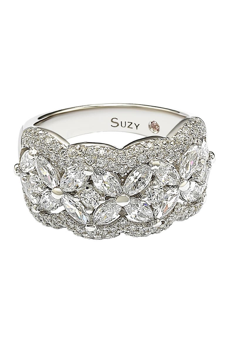 Sterling Silver Round-Cut & Marquise-Cut Cubic Zirconia Flower Ring, Main, color, WHITE