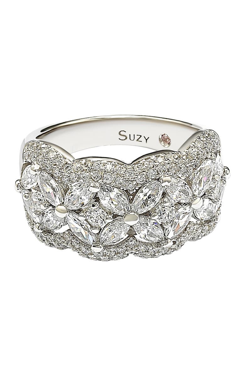 SUZY LEVIAN Sterling Silver Round-Cut & Marquise-Cut Cubic Zirconia Flower Ring, Main, color, White