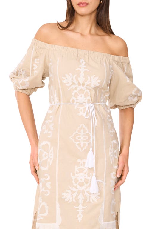 Vince Camuto Embroidered Off The Shoulder Linen Blend Dress In Brown