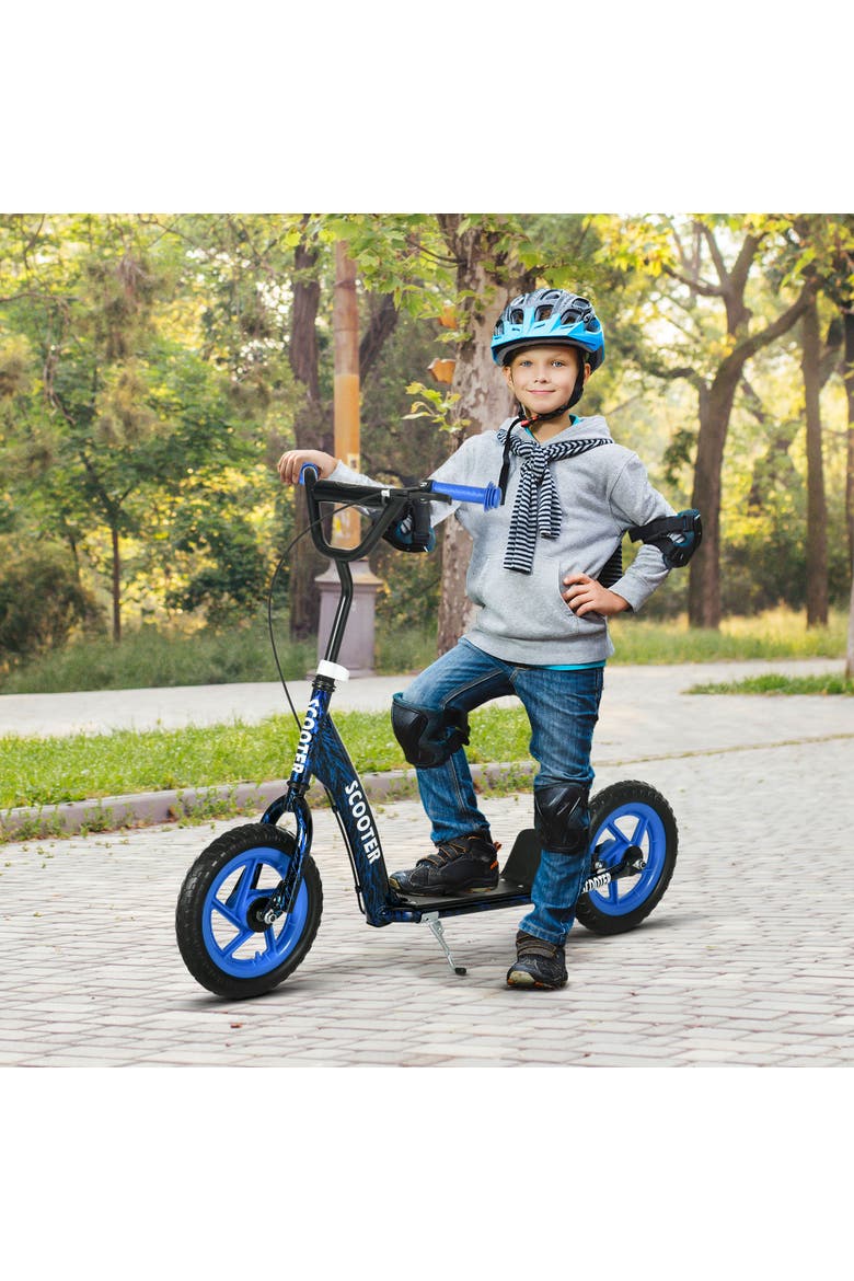 Kids Kick Scooter, Big Wheel Scooter with Adjustable Handlebar, Rear Brake, Kickstand, Non-slip Footplate, 12" EVA Wheels, for 6-12 Years, Green, Alternate, color, Blue