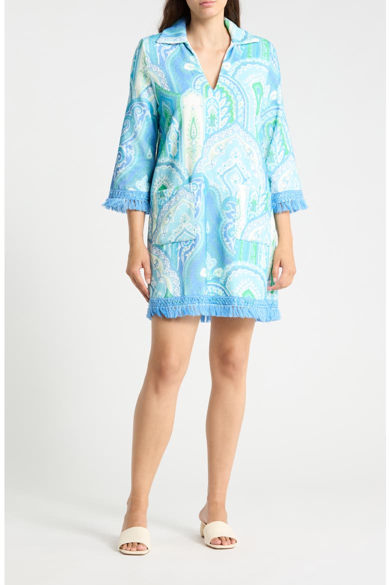 Maya Fringe Trim Terry Tunic Dress, Main, color, GRASS/ LAPIS BLUE