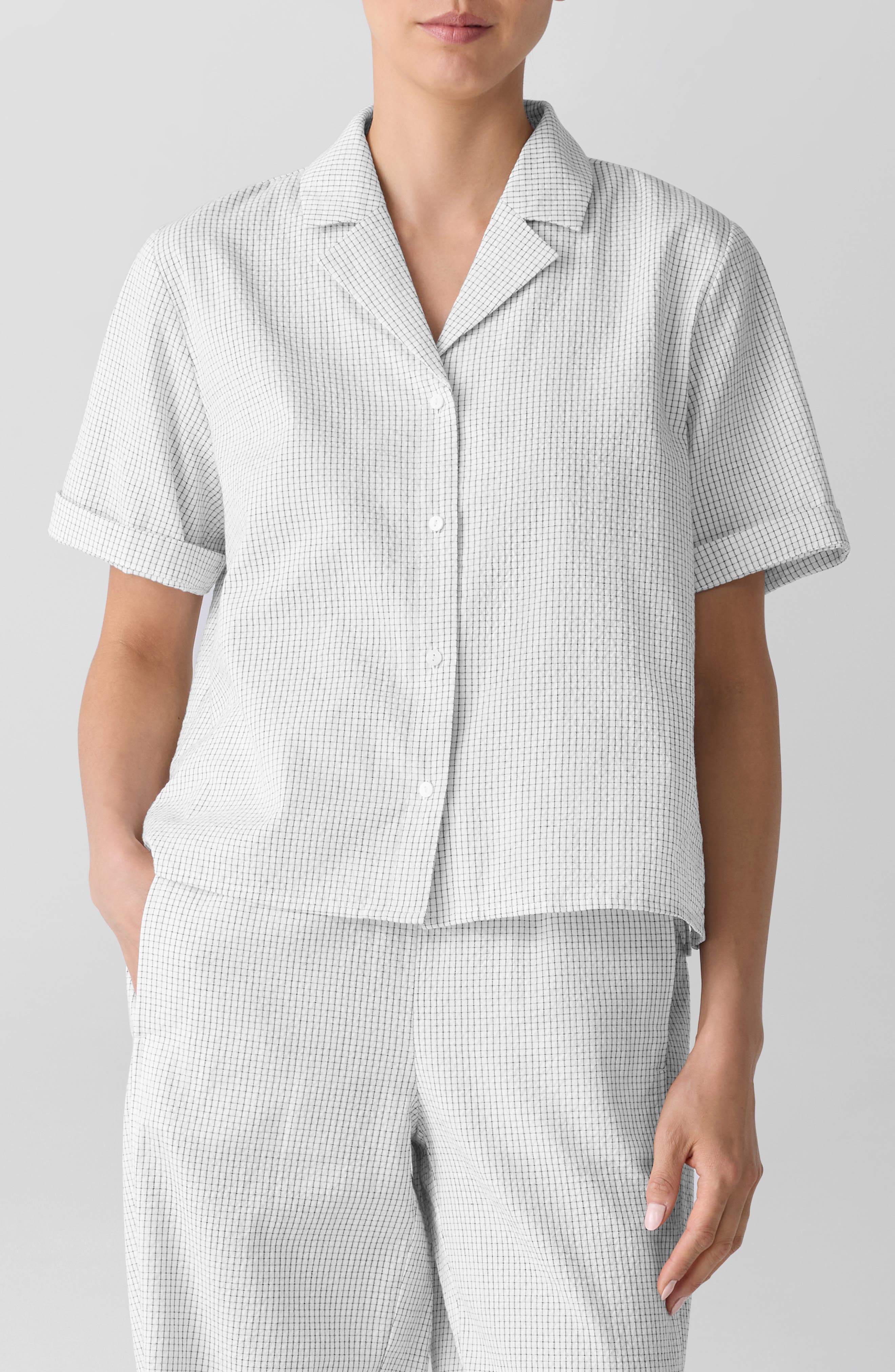Eileen Fisher Check Organic Cotton Seersucker Button-Up Shirt