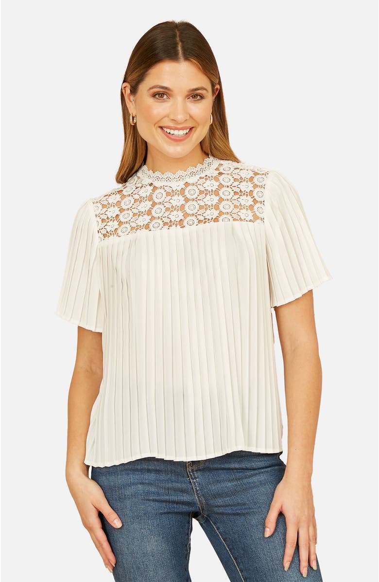 Yumi Lace Panel Pleated Short Sleeve Top, Main, color, White