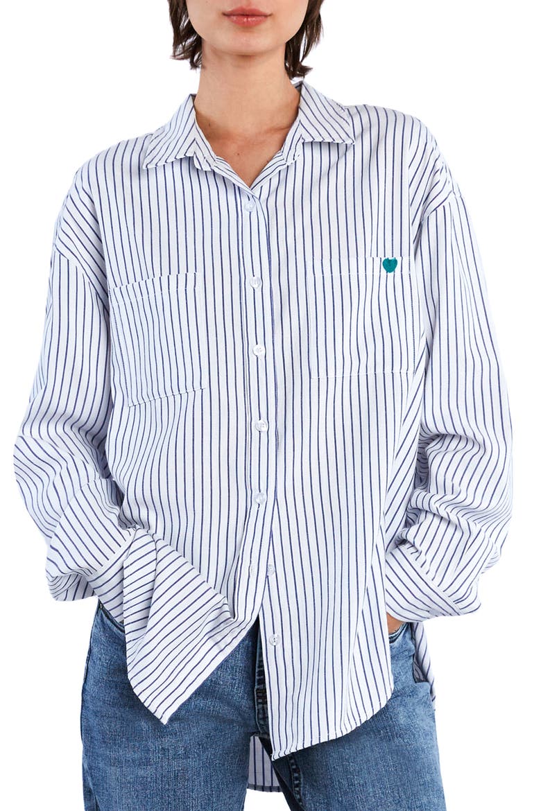 Thank You Stripe Embroidered Graphic Button-Up Shirt, Main, color, INDIGO STRIPES