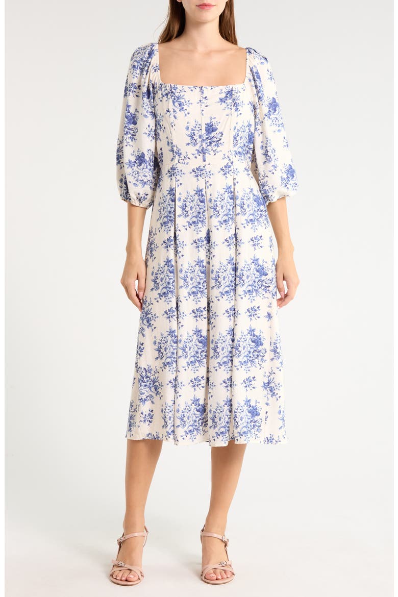 Floral Balloon Sleeve Fit & Flare Midi Dress, Main, color, IVORY/ BLUE