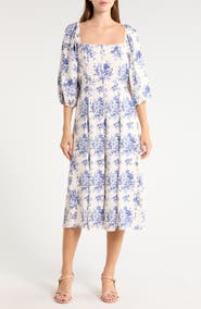 VIVID AURA Floral Balloon Sleeve Fit & Flare Midi Dress