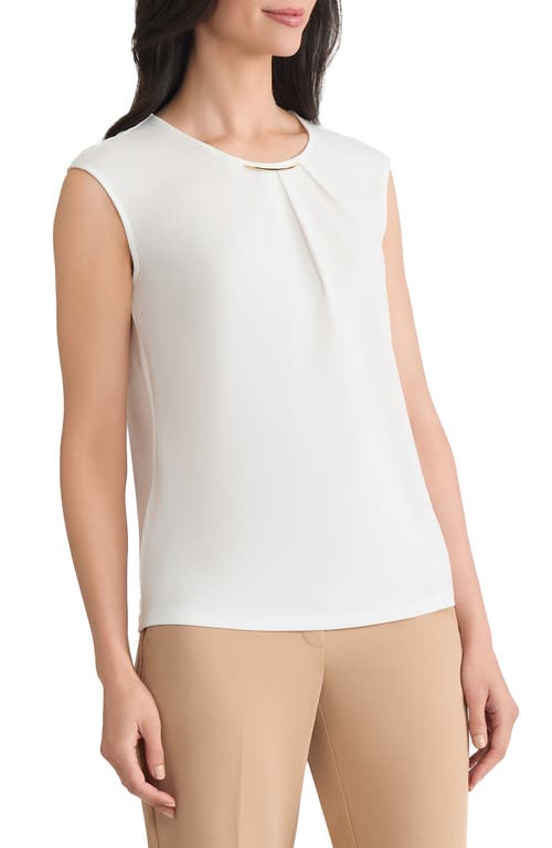 Kasper Metal Accent Gathered Neck Crepe Knit Top In White