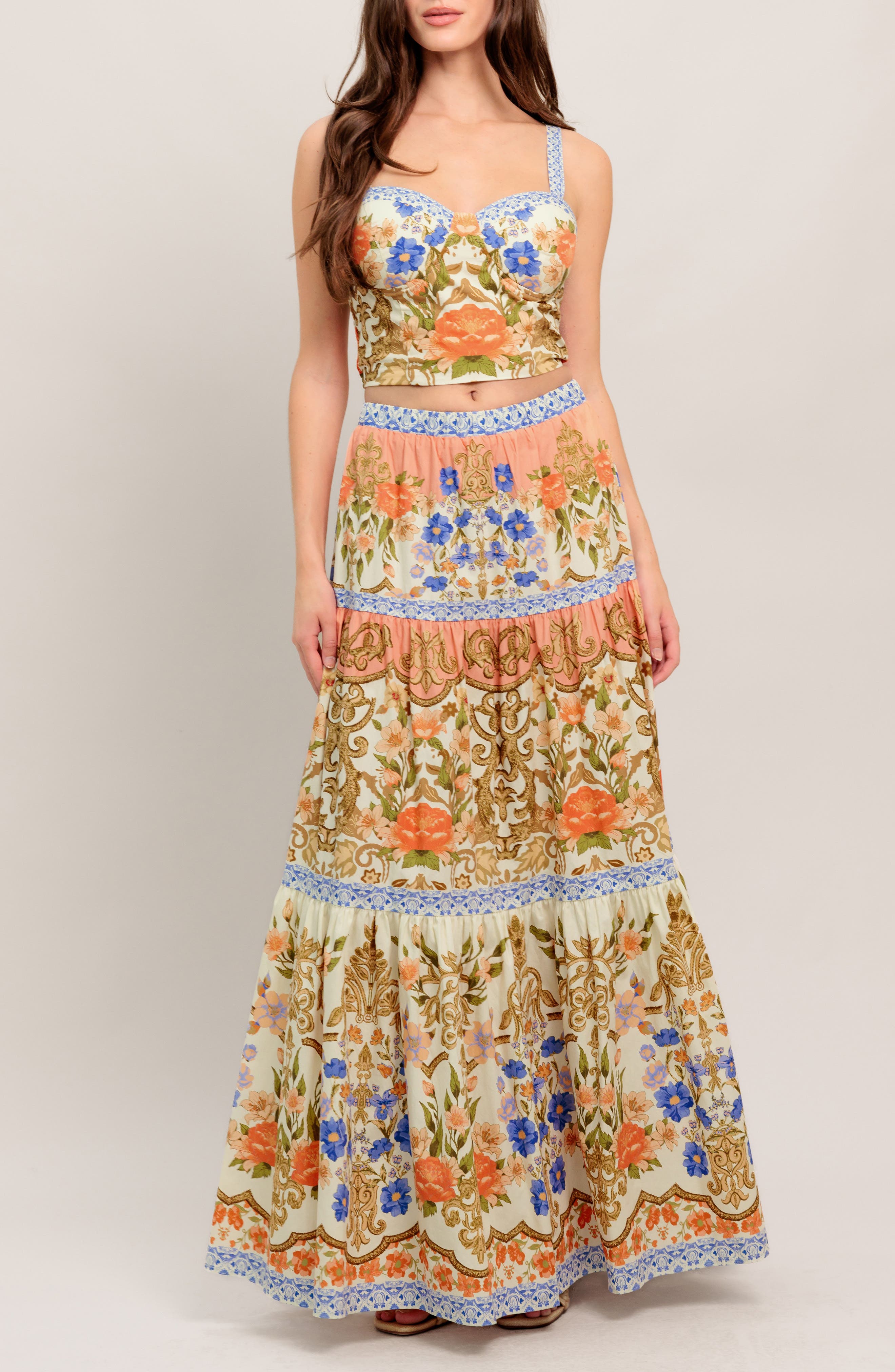 FLYING TOMATO Floral Cotton Crop Top & Maxi Skirt Set