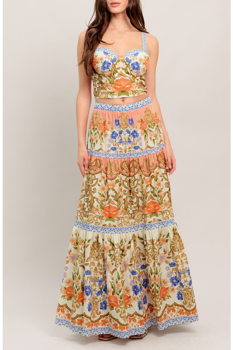 Floral Cotton Crop Top & Maxi Skirt Set, Main, color, CREAM MULTI