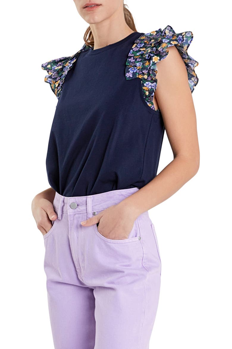 Floral Ruffle Sleeve Top, Alternate, color, NAVY MULTI