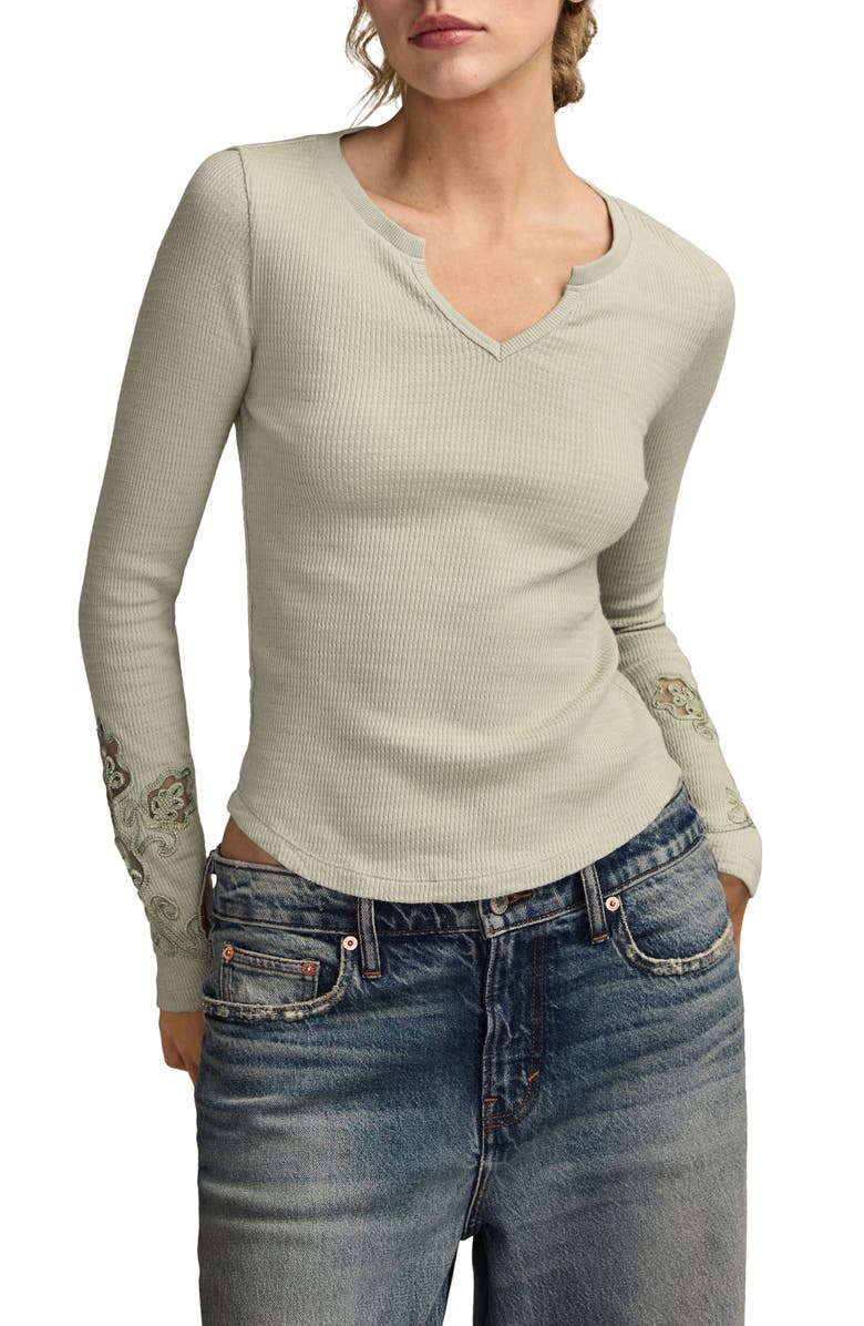 Lucky Brand Cutwork Detail Cotton Rib Top, Main, color, Aqua Gray