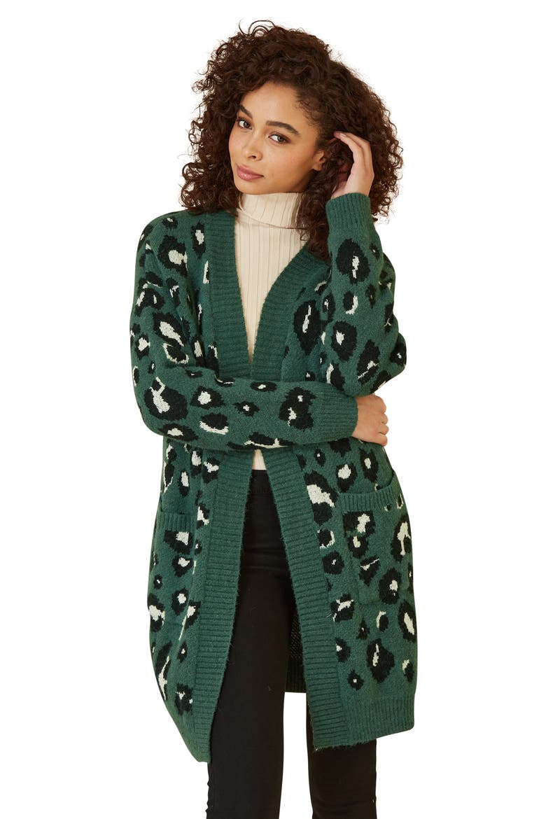 Animal Intarsia Knit Long Cardigan, Main, color, Green
