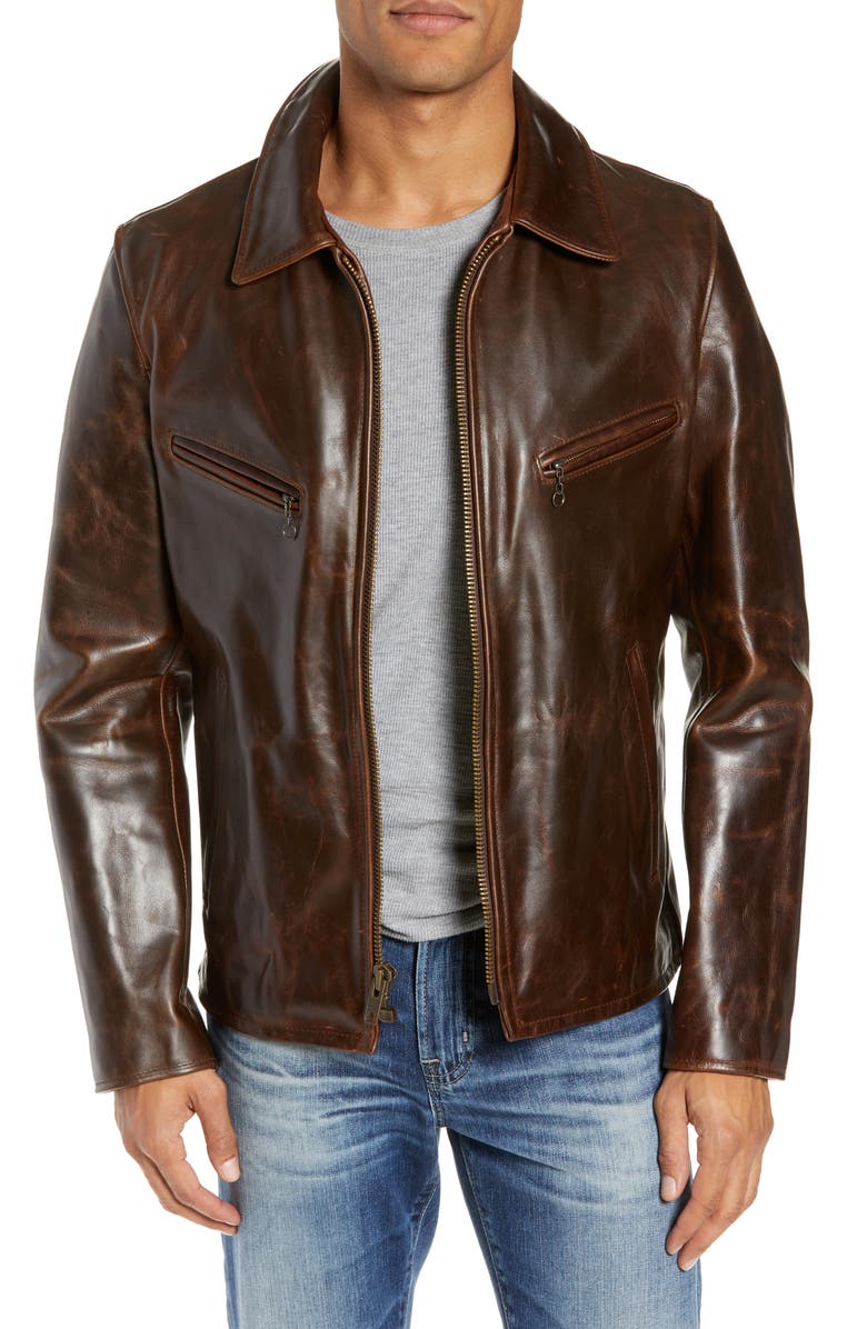 Schott NYC Waxy Cowhide Leather Moto Jacket, Main, color,