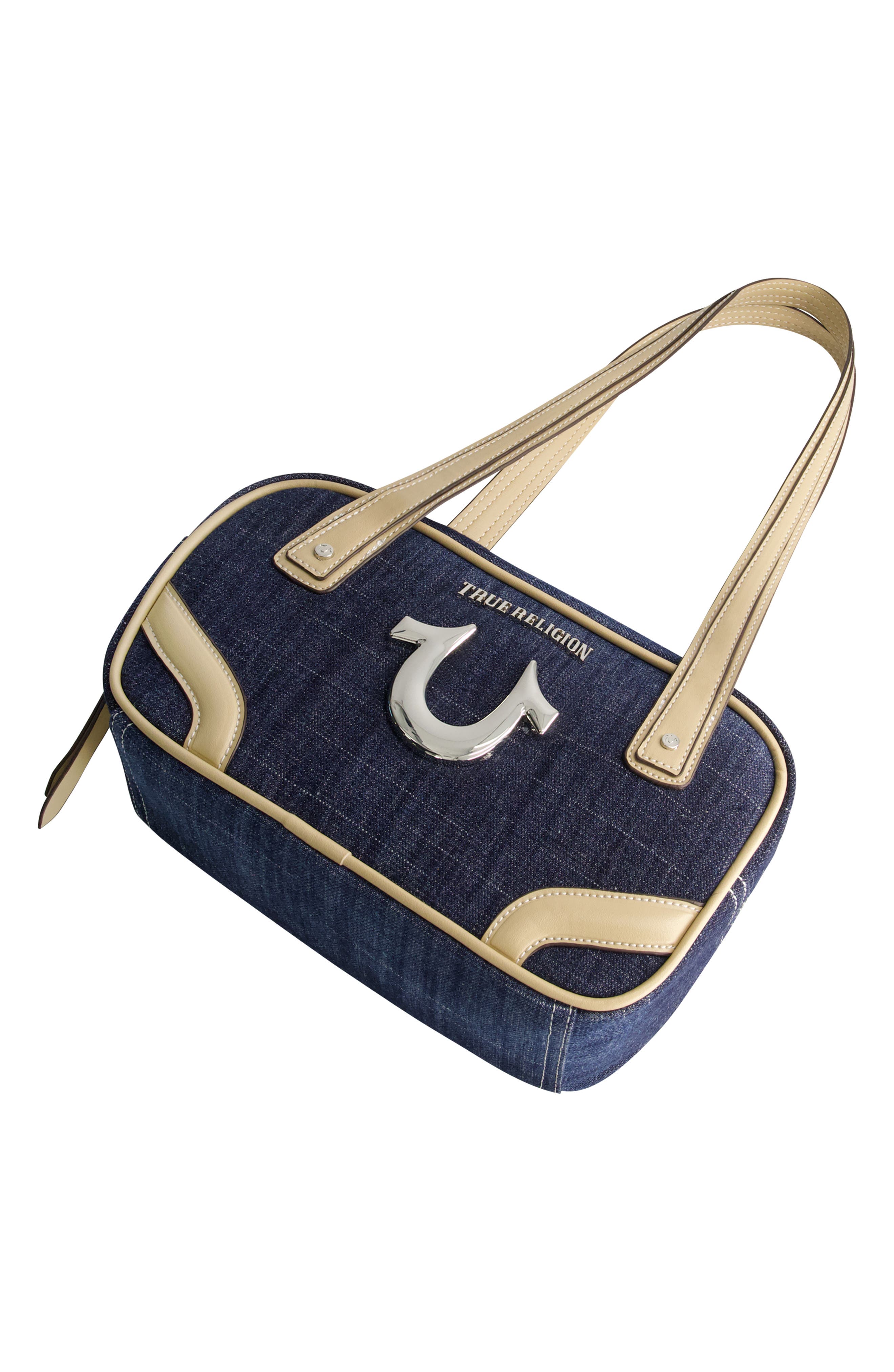 True Religion Logo Bowling Satchel Bag, Alternate, color, Dark Denim