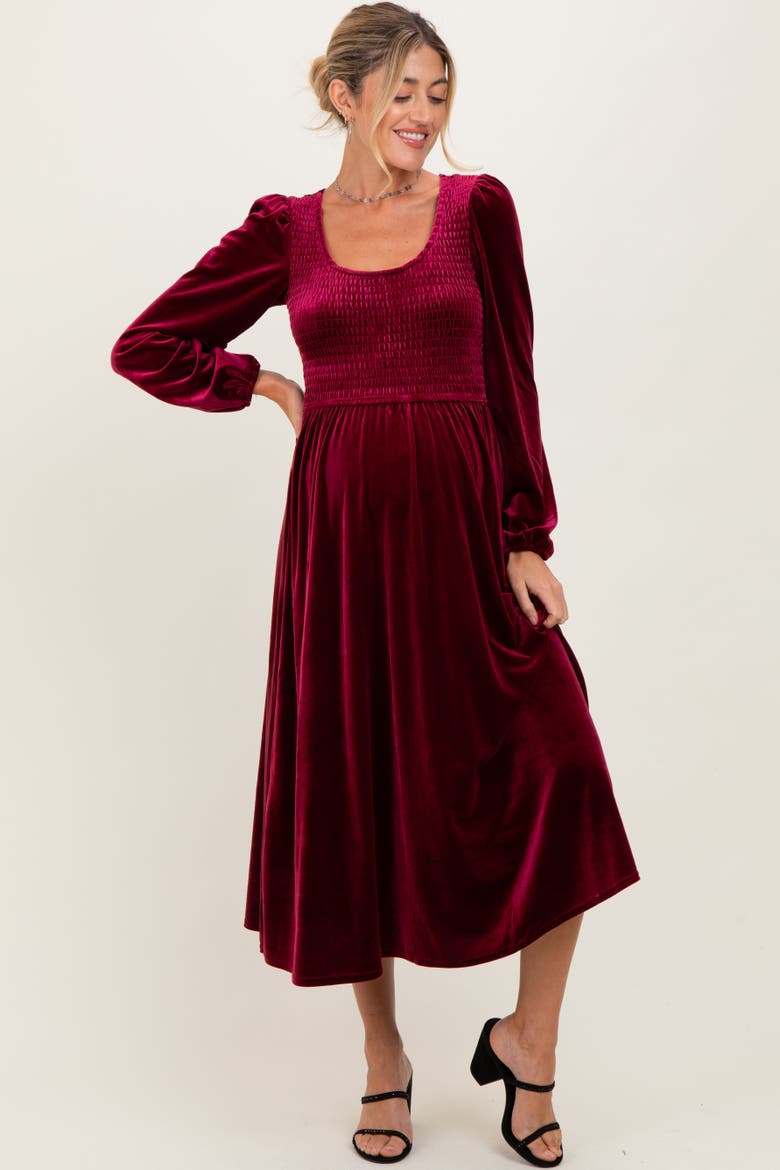 Velvet Smocked Long Sleeve Midi Dress, Main, color, Burgundy
