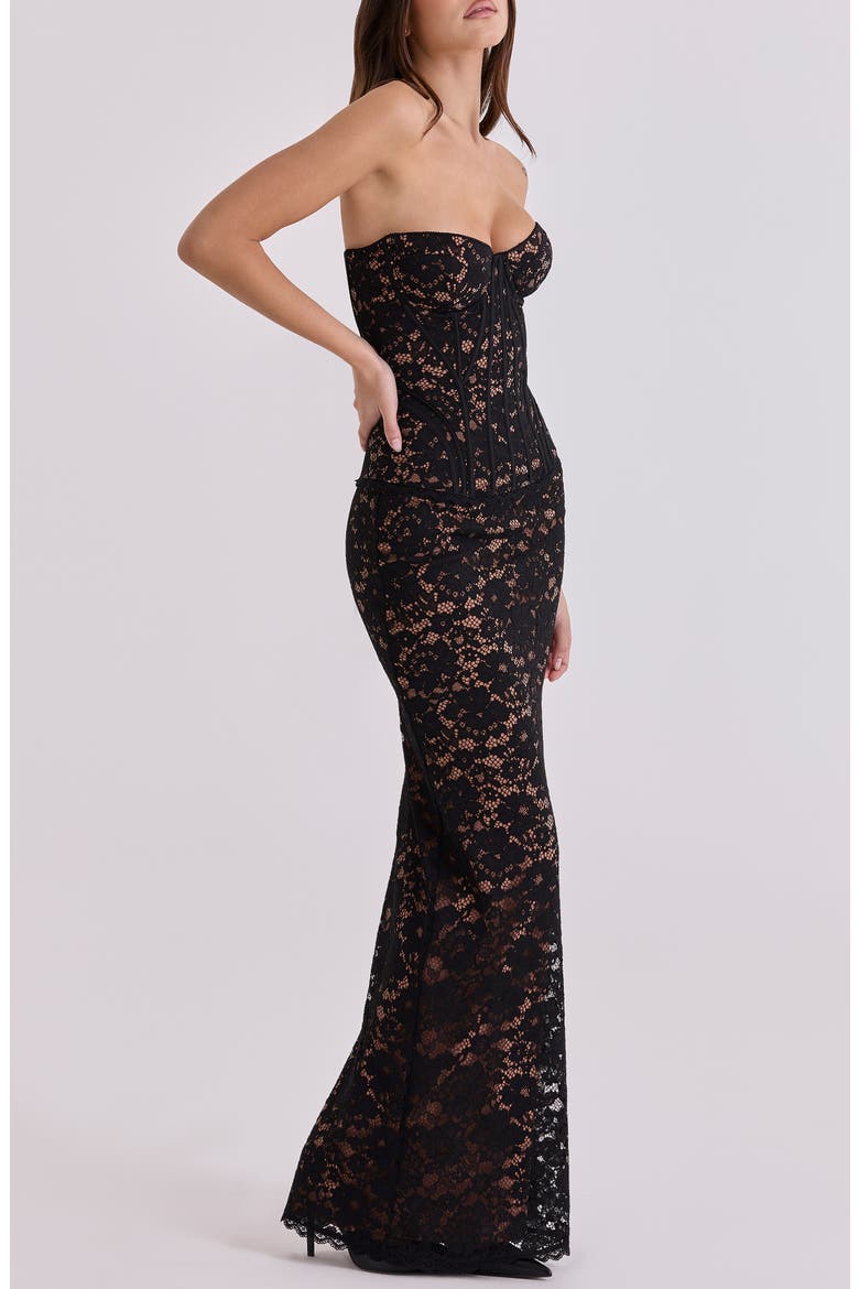 Solaine Lace-Up Strapless Lace Corset Gown, Alternate, color, BLACK AND BLUSH