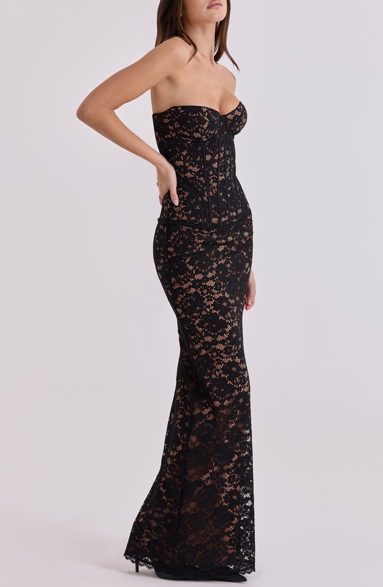 HOUSE OF CB Solaine Lace-Up Strapless Lace Corset Gown, Alternate, color, Black And Blush