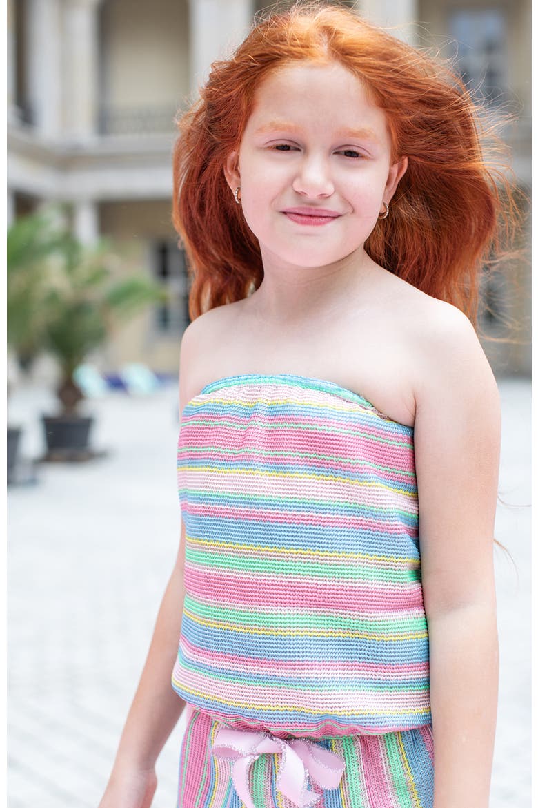 Multi-Color Striped Bandeau Romper with Glittery Pink Bow, Alternate, color, Multicolor