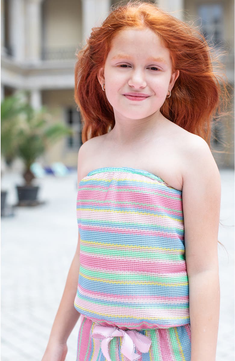 NESSI BYRD Multi-Color Striped Bandeau Romper with Glittery Pink Bow, Alternate, color, Multicolor