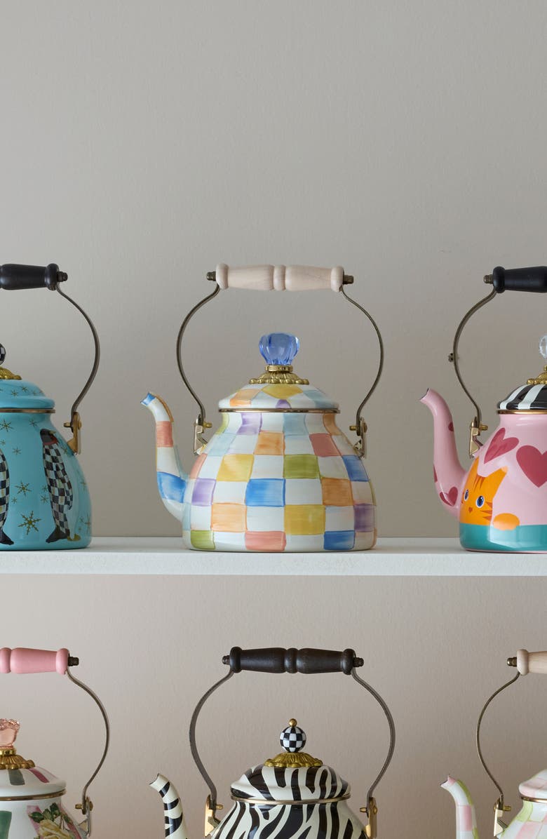 MACKENZIE CHILDS Confetti Check Enameled Steel 2-Quart Tea Kettle, Alternate, color, White
