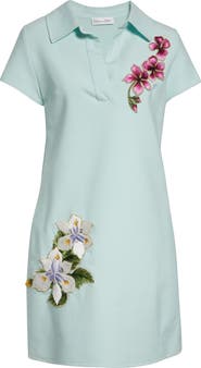 Oscar de la Renta Embroidered Appliqué Stretch Wool Polo Dress