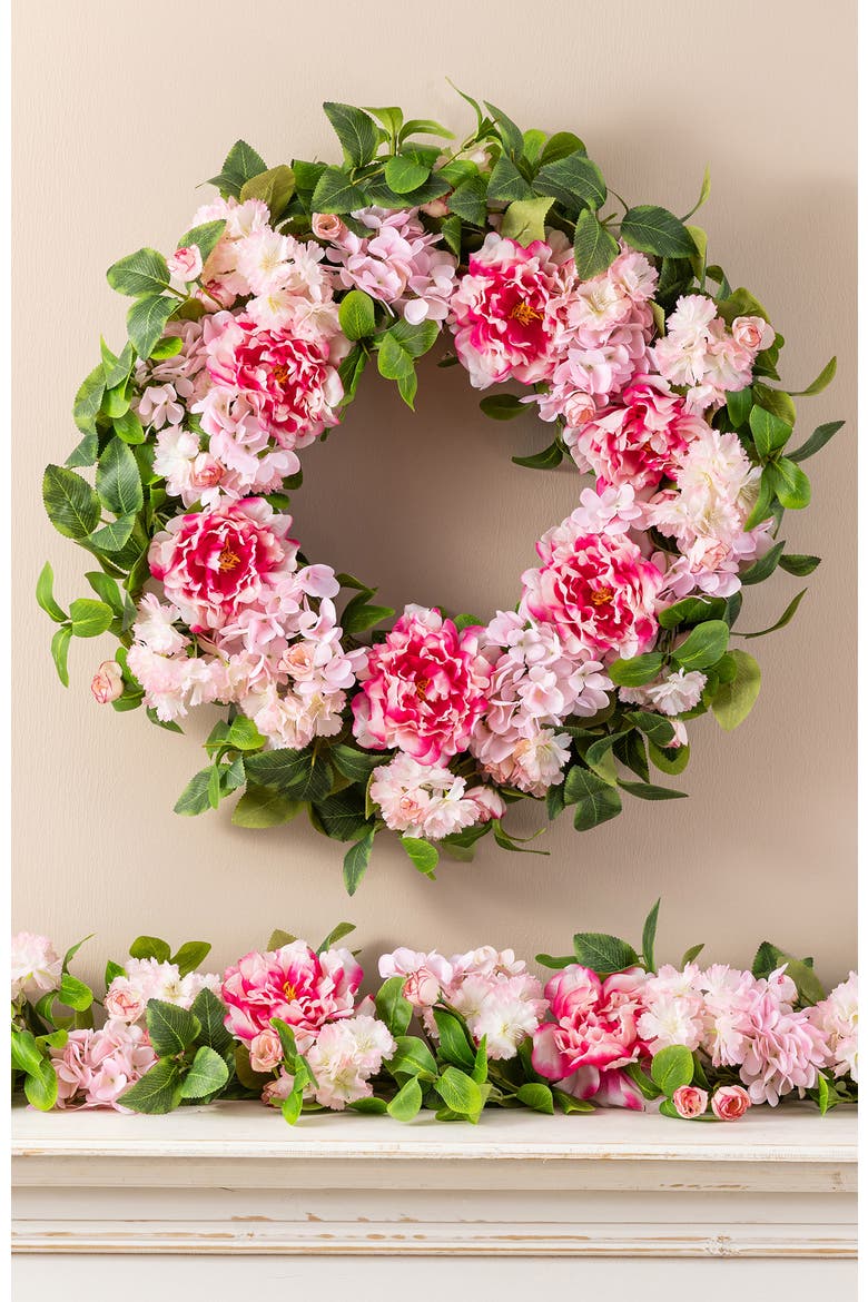 24"D Hydrangea Peony & Cherry Wreath with a Wreath Hanger, Alternate, color, Pink