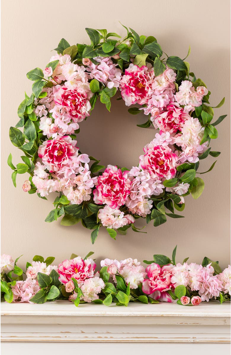 Glitzhome 24"D Hydrangea Peony & Cherry Wreath with a Wreath Hanger, Alternate, color, Pink