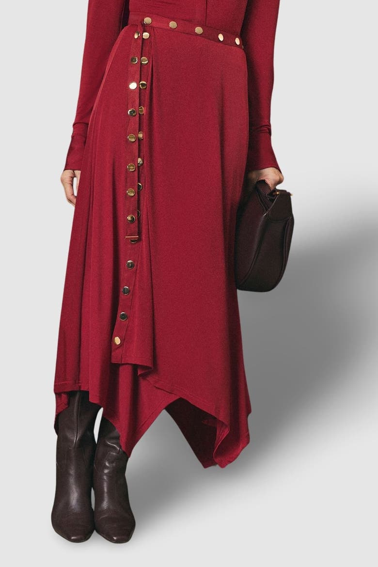 Crepe Hanky Hem Eyelet Maxi Skirt, Main, color, Burgundy