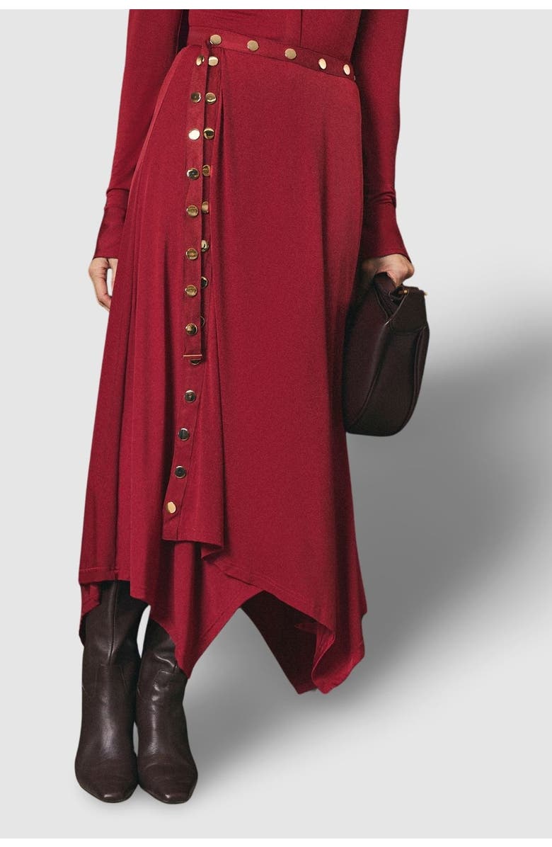 Karen Millen Crepe Hanky Hem Eyelet Maxi Skirt, Main, color, Burgundy