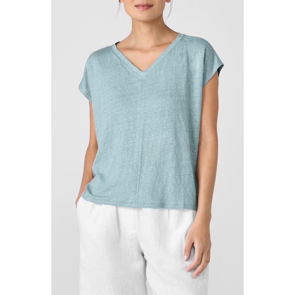 Eileen Fisher V-neck Organic Linen T-shirt In Green