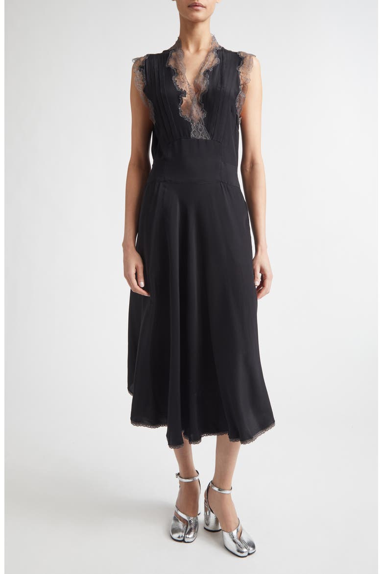 Lace Trim Satin Midi Dress, Main, color, BLACK