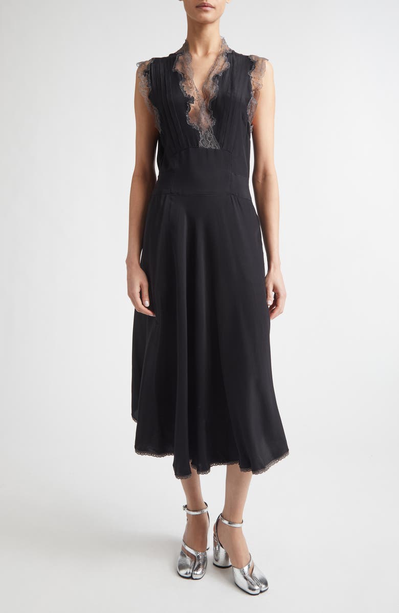 Maison Margiela Lace Trim Satin Midi Dress, Main, color, Black