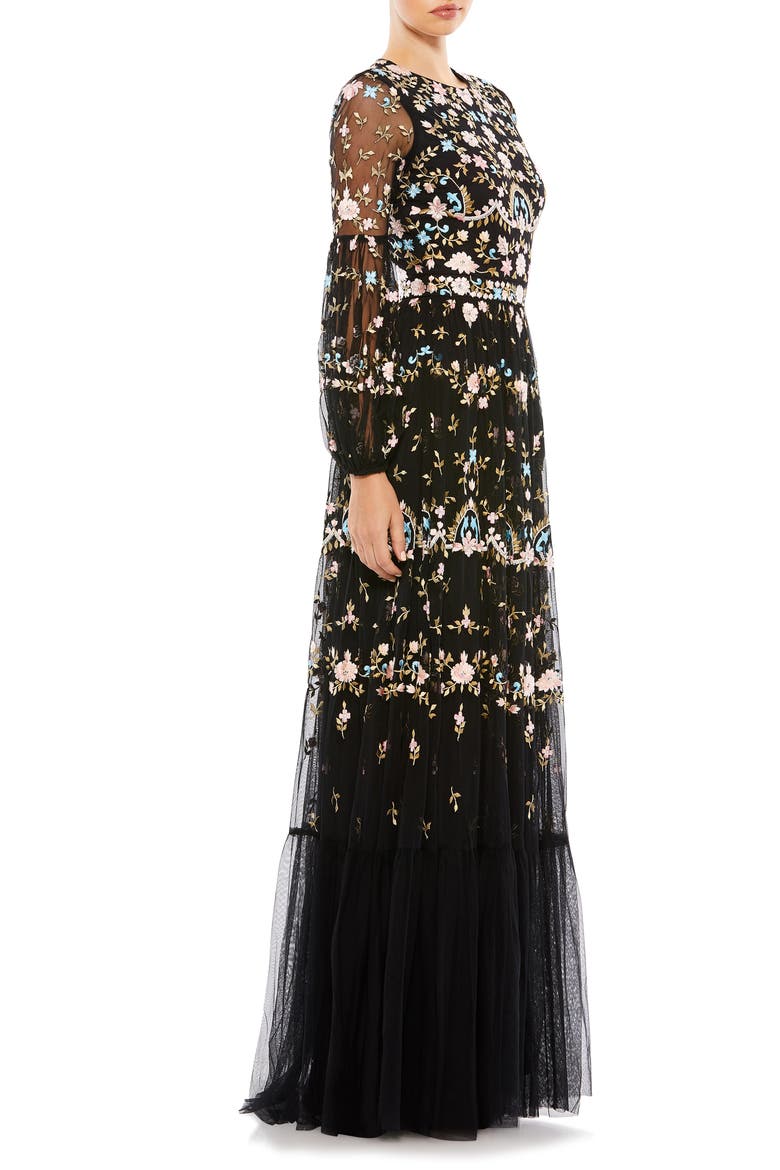 Embroidered Floral Long Sleeve Gown, Alternate, color, BLACK