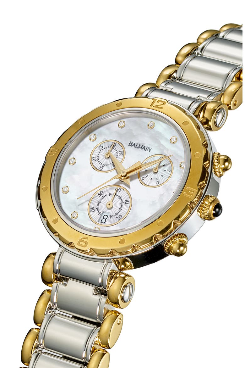 Balmainia Diamond Chronograph Bracelet Watch, 31mm, Alternate, color, STAINLESS STEEL