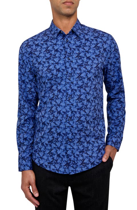 Slim Fit Abstract Floral Recycled 4-Way Stretch Performance Long Sleeve Shirt