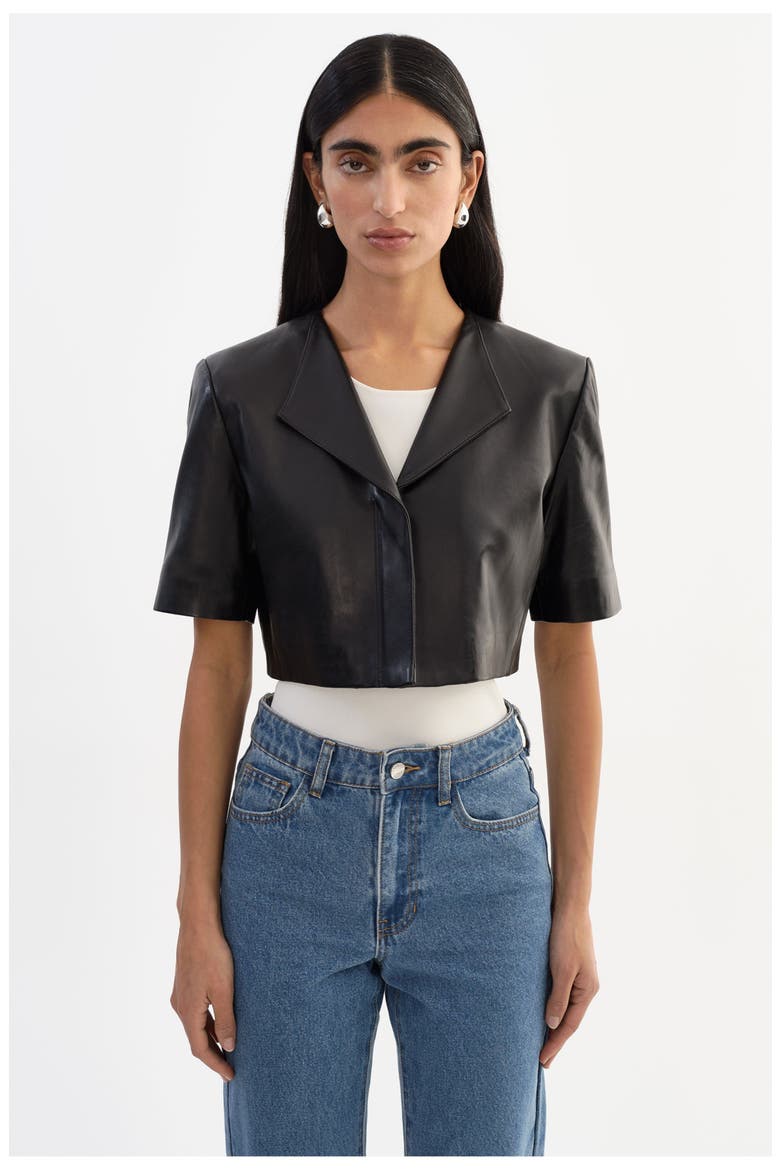 Aviana | Collarless Leather Jacket, Main, color, Black