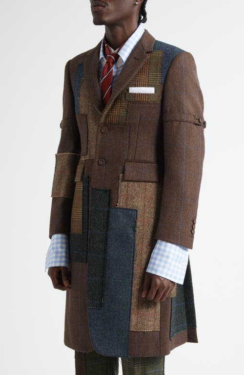 Thom Browne Hunting Tweed Patchwork Coat In Brown