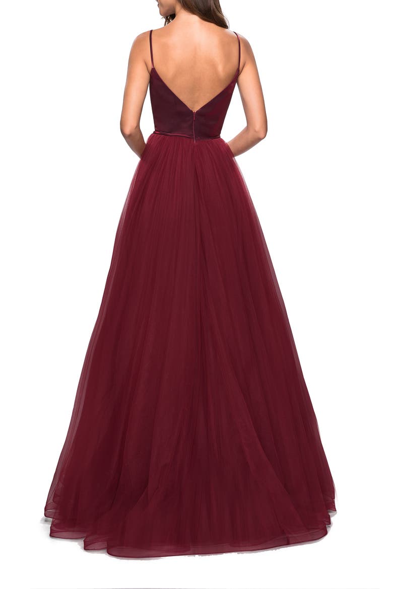 Plunge Velvet & Tulle Ballgown, Alternate, color, BURGUNDY